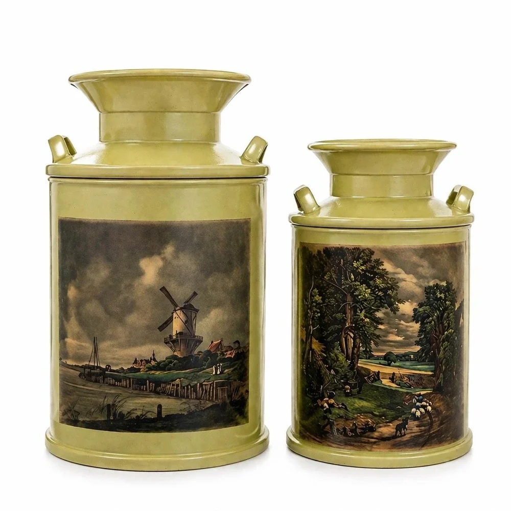 VTG Green Milk Can Canister Set Ceramic Windmill MCM Cottage Farmhouse  HTF